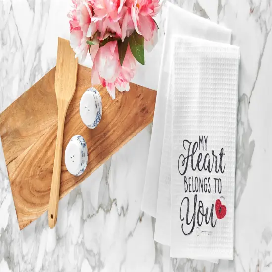 Valentine's Day "Heart Belongs To You" Embroidered Waffle Weave Kitchen Dishtowel {4}