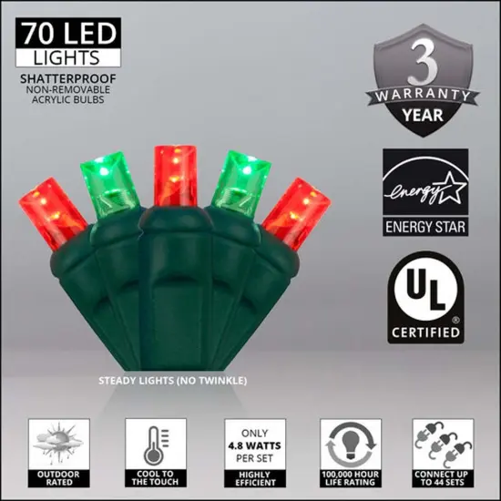 Wintergreen 70 5mm Red Green LED Christmas Lights 4-in Spacing 120v Green, Red {2}