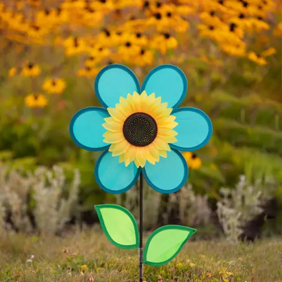 In the Breeze 12 Inch Teal Sunflower Wind Spinner with Leaves - Includes Ground Stake - Colorful Flower for your Yard and Garden {3}