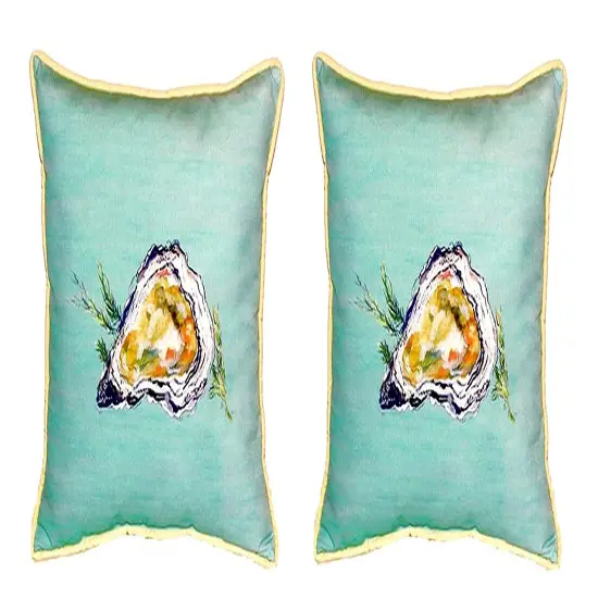 Pair of Betsy Drake Oyster - Teal Indoor/Outdoor Pillows 12 X 12 {1}