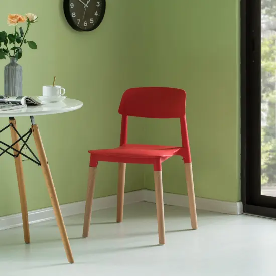Modern Plastic Dining Chair Open Back with Beech Wood Legs Single Red {6}