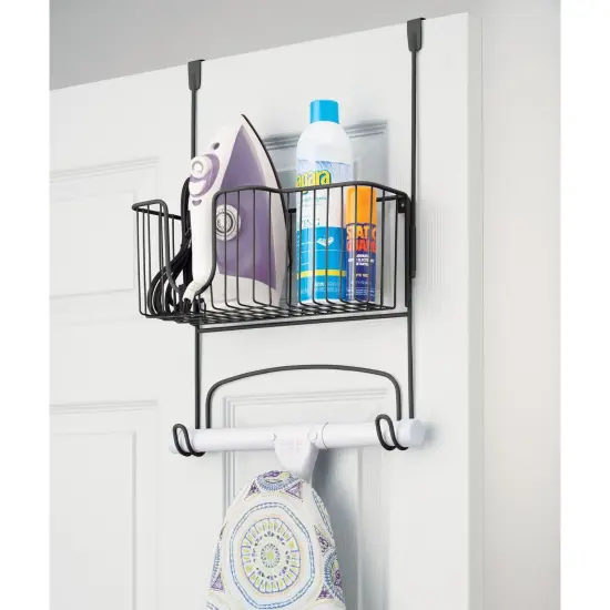 mDesign Metal Over Door Ironing Board Holder with Large Storage Basket {2}