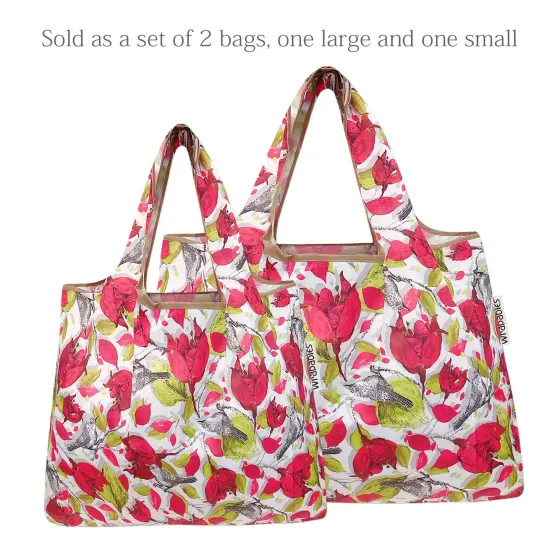 Wrapables Large & Small Foldable Tote Nylon Reusable Grocery Bags, Set of 2 Red Floral Gray Bird {3}