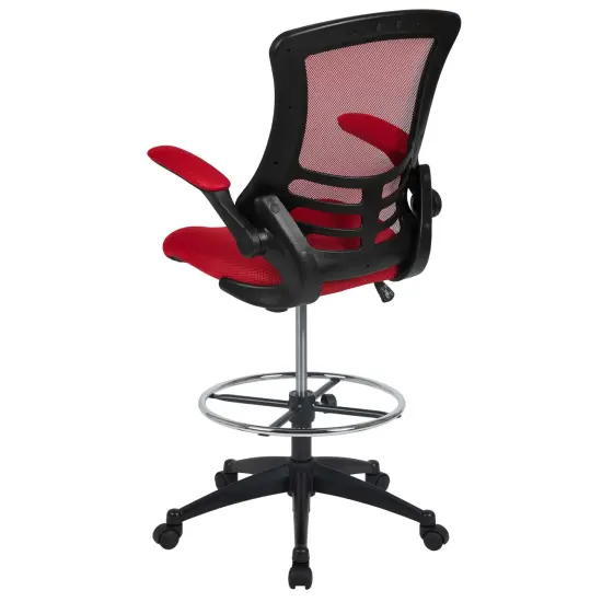 Emma and Oliver Mid-Back Mesh Ergonomic Drafting Chair with Foot Ring and Flip-Up Arms Red Mesh/Black Frame {4}
