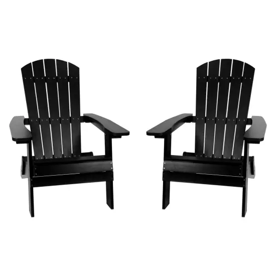 Merrick Lane Set of 2 Riviera Poly Resin Folding Adirondack Lounge Chair - All-Weather Indoor/Outdoor Patio Chair Black {1}