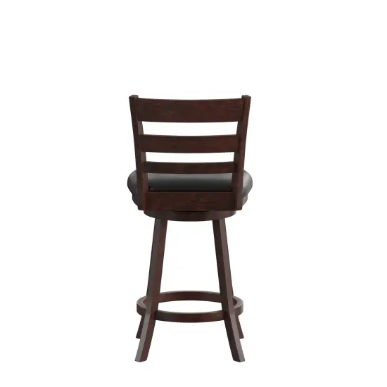 Merrick Lane Silla 24" Classic Wooden Ladderback Swivel Counter Height Stool with Upholstered Padded Seat and Integrated Footrest Espresso/Black {4}