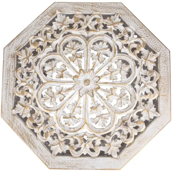 Northlight 18" Antique White and Brushed Gold Carved Octagonal Side Table {5}