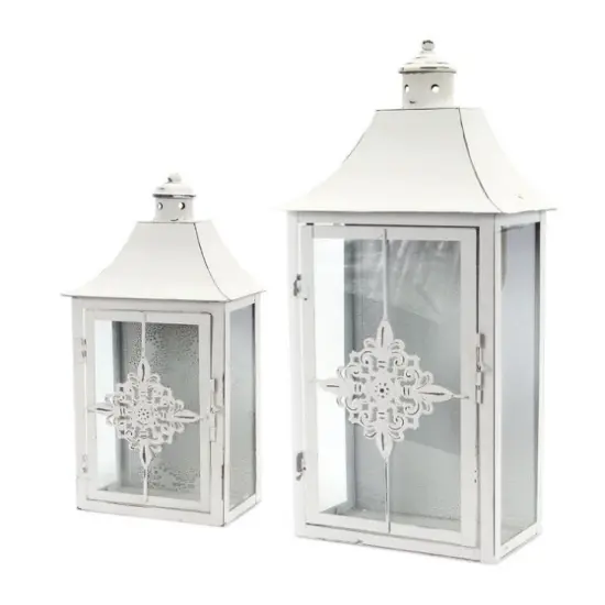 Melrose Set of 2 Vintage White Distressed Pillar Candle Lanterns 19.5" {1}