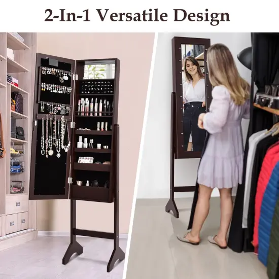 Freestanding Jewelry Organizer Cabinet Armoire with LED Lights and Full Length Mirror Brown {5}