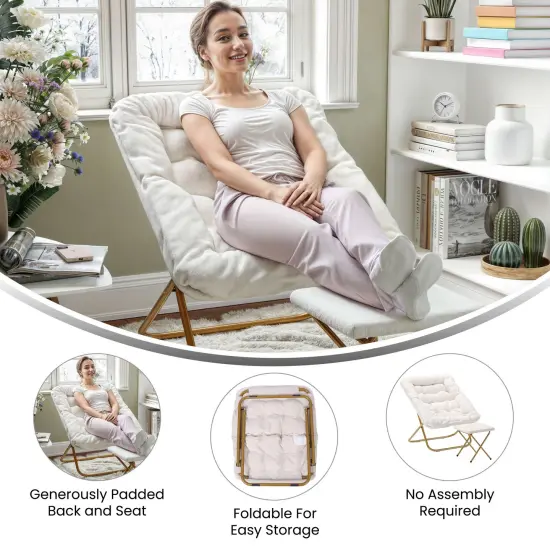 Emma and Oliver Aisling Oversized Folding Saucer Chair and Ottoman for Dorm, Bedroom AquaFabric/SoftGold {9}