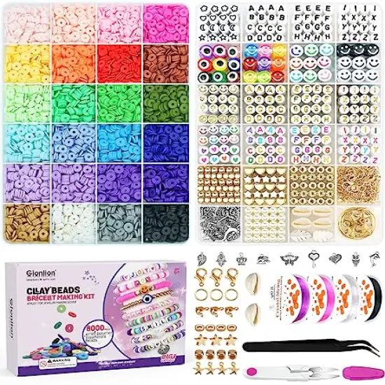 8000 Pieces Clay Beads Kit for Bracelet Making, 2 Boxes 24 Colors Flat Clay Beads Letter Beads Spacer Beads and Charms Kit for Jewelry Making, Jewelry Supplies Crafts Gift for Teen Girls Adults {1}
