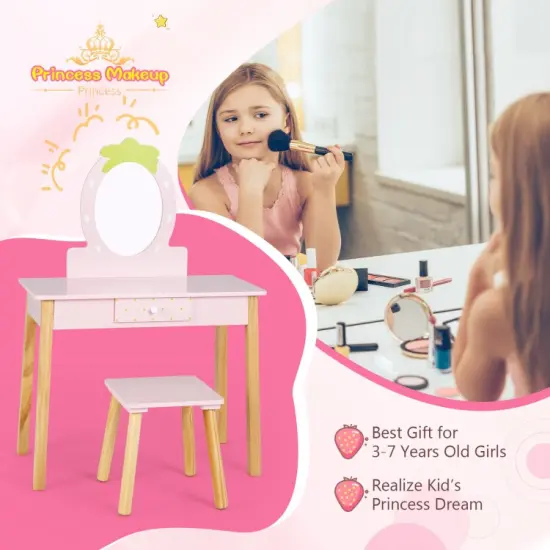 2-in-1 Children Vanity Table Stool Set with Mirror-Pink {5}