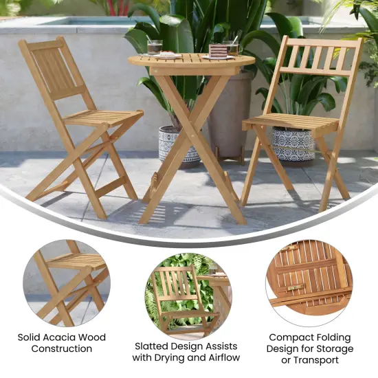 Merrick Lane Stora Three Piece Solid Acacia Wood Folding Patio Bistro Set with Lightweight Round Table and Two Chairs Natural {2}