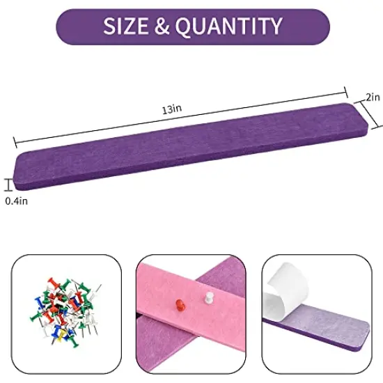 8 Pieces Purple Rose Cork Board Bar Strips with 50 Pushpins & Sticky Notes, Self-Adhesive Bulletin Board Strips No Damage for Wall, Felt Pin Board for Paste Notes, Photos, Schedules Office Decor {6}