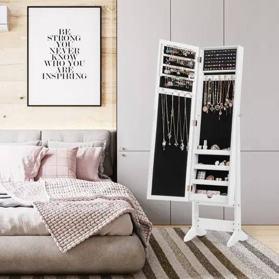 Full Length Mirrored Standing Jewelry Cabinet Storage Box White {3}