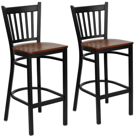 Emma and Oliver 2 Pack Vertical Back Metal Restaurant Barstool Cherry/BlackMetal {1}