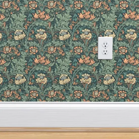 Peel & Stick Wallpaper 2FT Wide William Morris Green Yellow Botanical Flowers Victorian Damask Custom Removable Wallpaper by Spoonflower {4}