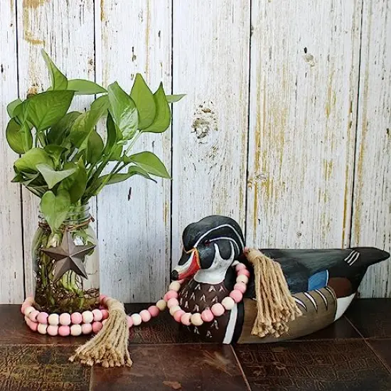 Wood Beads Garland with Tassels Farmhouse Rustic Wooden Prayer Bead String Wall Hanging Accent for Home Festival Decor. Pink Mix Distressed {5}