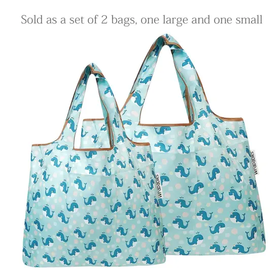 Wrapables Large & Small Foldable Tote Nylon Reusable Grocery Bags, Set of 2 Blue Whales {3}