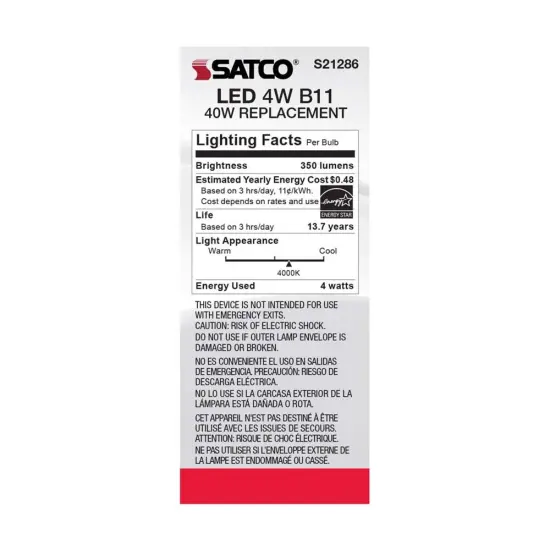 6Pk - Satco 4w B11 LED 4000K Medium Base Dimmable - 40w equiv Cool White {6}