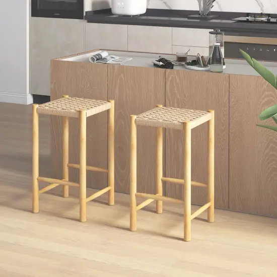 Costway 26'' Dining Bar Stool Set of 2/4 Counter Height with Rubber Wood Woven Saddle Seat {5}