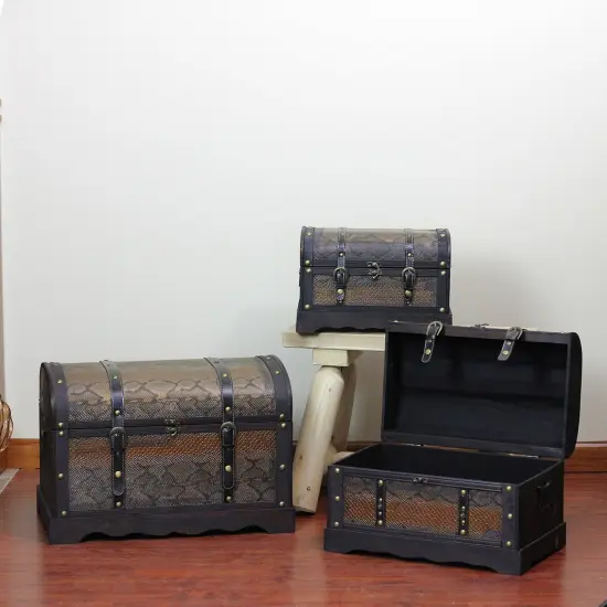 Northlight Set of 3 Decorative Antique Brown Wood and Faux Snakeskin Storage Boxes 22.5" {4}