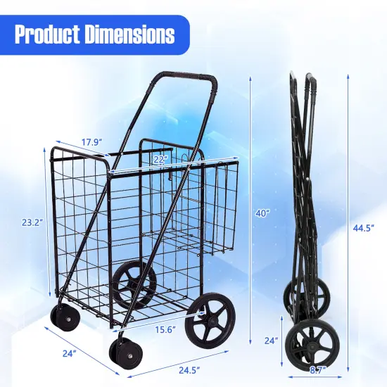 Folding Shopping Cart for Laundry with Swiveling Wheels & Dual Storage Baskets Black {5}
