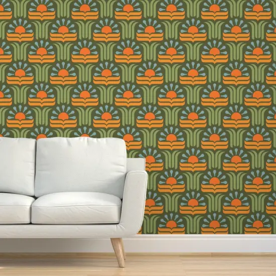 Pre-Pasted Wallpaper 2FT Wide Geometric Floral Retro Botanical Art Nouveau 70S Groovy Boho Scandi Orange Green Custom Pre-pasted Wallpaper by Spoonflower {5}
