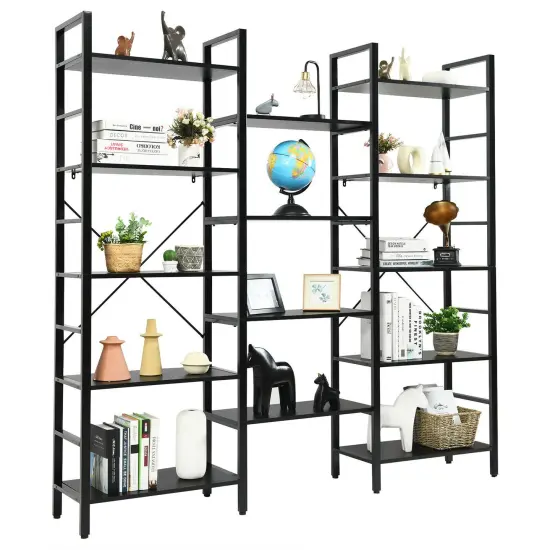 Costway Triple Wide 5-tier Bookcase Large Bookshelf Display Storage Shelf Vintage Black {1}