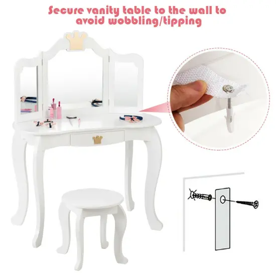 Kids Makeup Dressing Table with Tri-folding Mirror and Stool White {5}