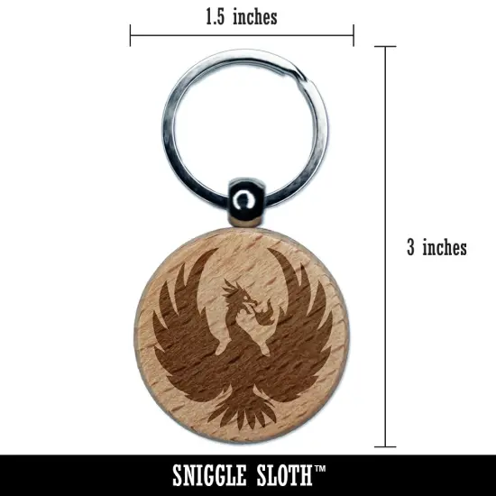 Fire Phoenix Bird Rising Engraved Wood Round Keychain Tag Charm {2}