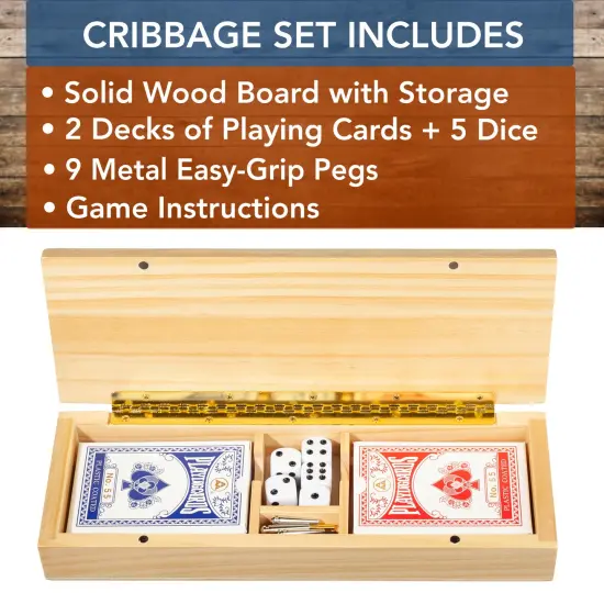 WE Games 3 Player Wooden Cribbage Set - Easy Grip Pegs and 2 Decks of Cards Inside of Board {4}