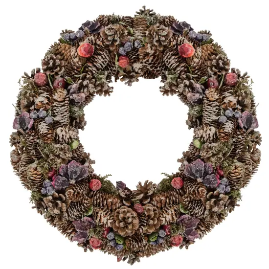 Northlight 20" Sugared Purple Flowers and Pine Cones Artificial Christmas Wreath - Unlit {1}