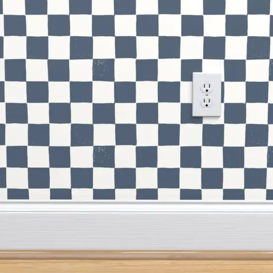 Pre-Pasted Wallpaper 2FT Wide Blue Checkerboard Grid Squares Check Block Print Slate Gray Weathered Distressed Custom Pre-pasted Wallpaper by Spoonflower {4}