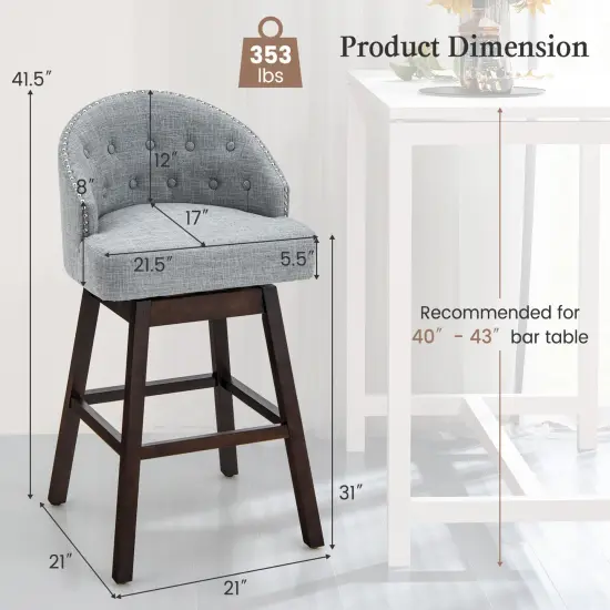 Set of 2 Swivel Bar Stools Tufted Bar Height Pub Chairs with Rubber Wood Legs Grey {4}