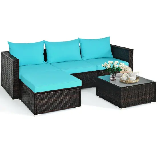 5 Pieces Patio Rattan Sectional Furniture Set with Cushions and Coffee Table Turquoise {2}