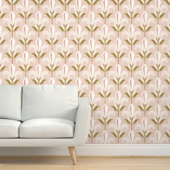 Pre-Pasted Wallpaper 2FT Wide Pink Floral Fleur-De-Lis Lily Retro Flowers White Fresco Large Scale Custom Pre-pasted Wallpaper by Spoonflower {5}