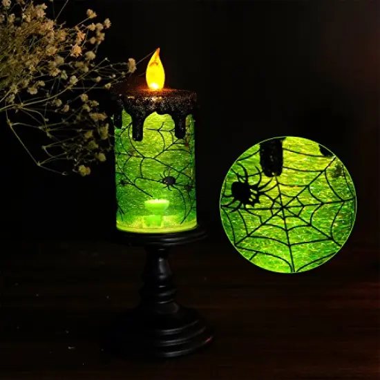 Eldnacele Halloween Snow Globe Candles Lighted Lamp, Battery Operated Spooky Spinning Water Glittering Tornado Candles Flameless Candles Table Centerpiece for Halloween Celebration Parties(Spider) {3}