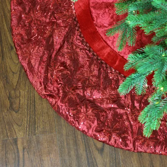 Northlight 60" Red Velvet Damask Sequin Embroidered Poinsettia Trimmed Scalloped Edge Christmas Tree Skirt {1}