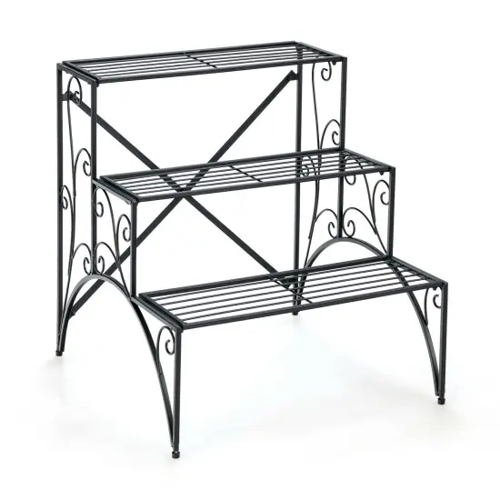 3 Tier Stair Style Metal Plant Stand Garden Shelf Flower Pot Display Rack-Black {1}