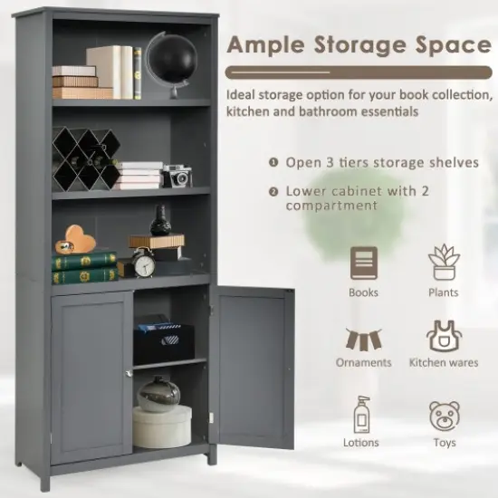 Bookcase Shelving Storage Wooden Standing Cabinet Unit Display with Doors Grey {3}