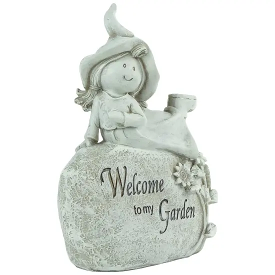 Northlight 7.5" Girl Laying on Rock "Welcome To My Garden" Outdoor Garden Statue White {5}