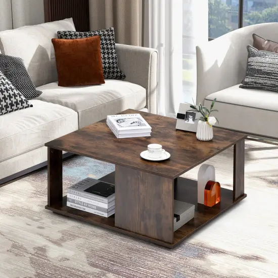 2 Tiers Square Coffee Table with Storage and Non-Slip Foot Pads {6}
