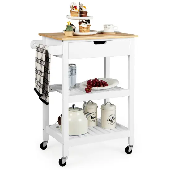 3-Tier Kitchen Island Cart Rolling Service Trolley with Bamboo Top White {3}