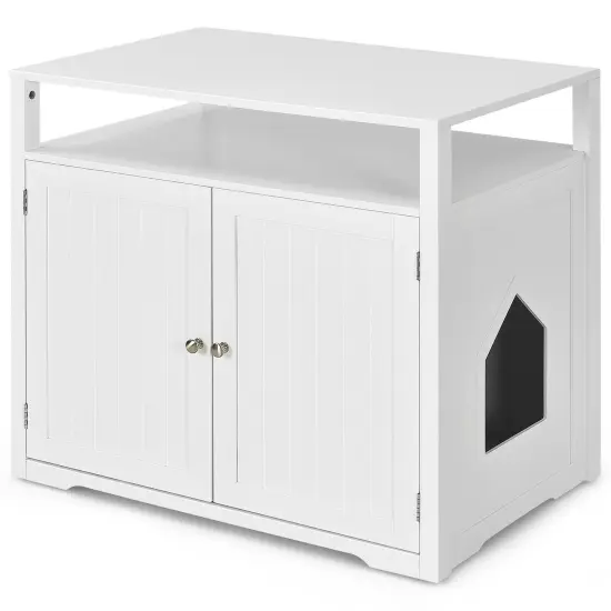 Wooden Cat Litter Box Enclosure Hidden Cat Washroom with Storage Layer White {4}