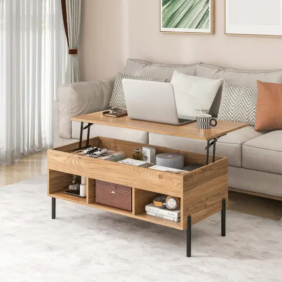 Costway Lift Top Coffee Table with Storage Compartment & 3 Open Cubbies for Living Room {2}