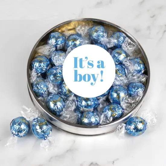 It's a Boy Baby Shower Candy Gift Tin with Chocolate Lindor Truffles by Lindt Large Plastic Tin with Sticker - Stracciatella - By Just Candy {1}