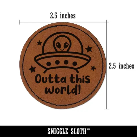 Outta Out of This World Alien Spaceship Round Iron-On Engraved Faux Leather Patch Applique - 2.5" Brown {3}