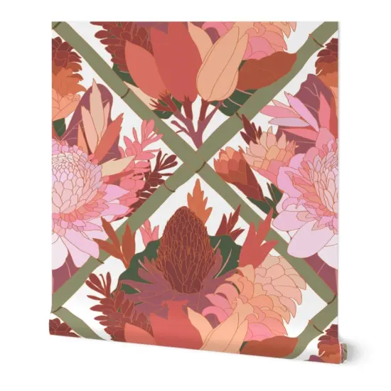 Peel & Stick Wallpaper 2FT Wide Pink Botanical Lattice Chinoiserie Trellis Boho Hawaiian Floral Tropical Mauve Large Scale Custom Removable Wallpaper by Spoonflower {7}