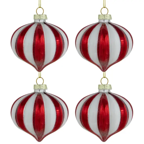 Northlight Glittered Candy Cane Onion Glass Christmas Ornaments - 3.25" - Red and White - 4ct {6}